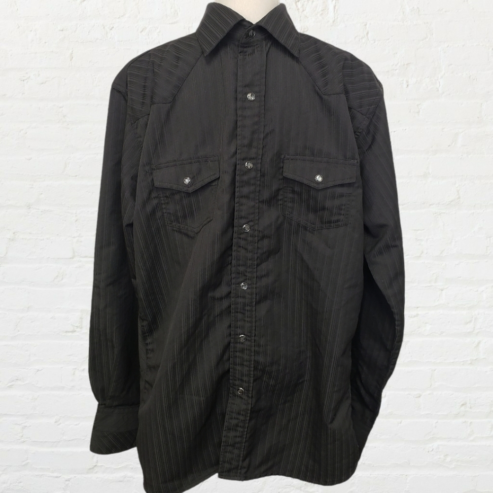 Rancho Estonia Black Pearl Snap Western Shirt L EUC Polyester